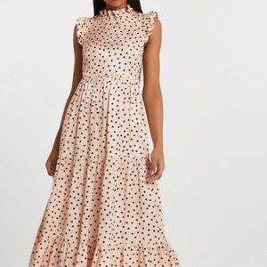 Cream/Pink Short Sleeve Frill Detail Extra Long Maxi Dress with Back Out & Ties